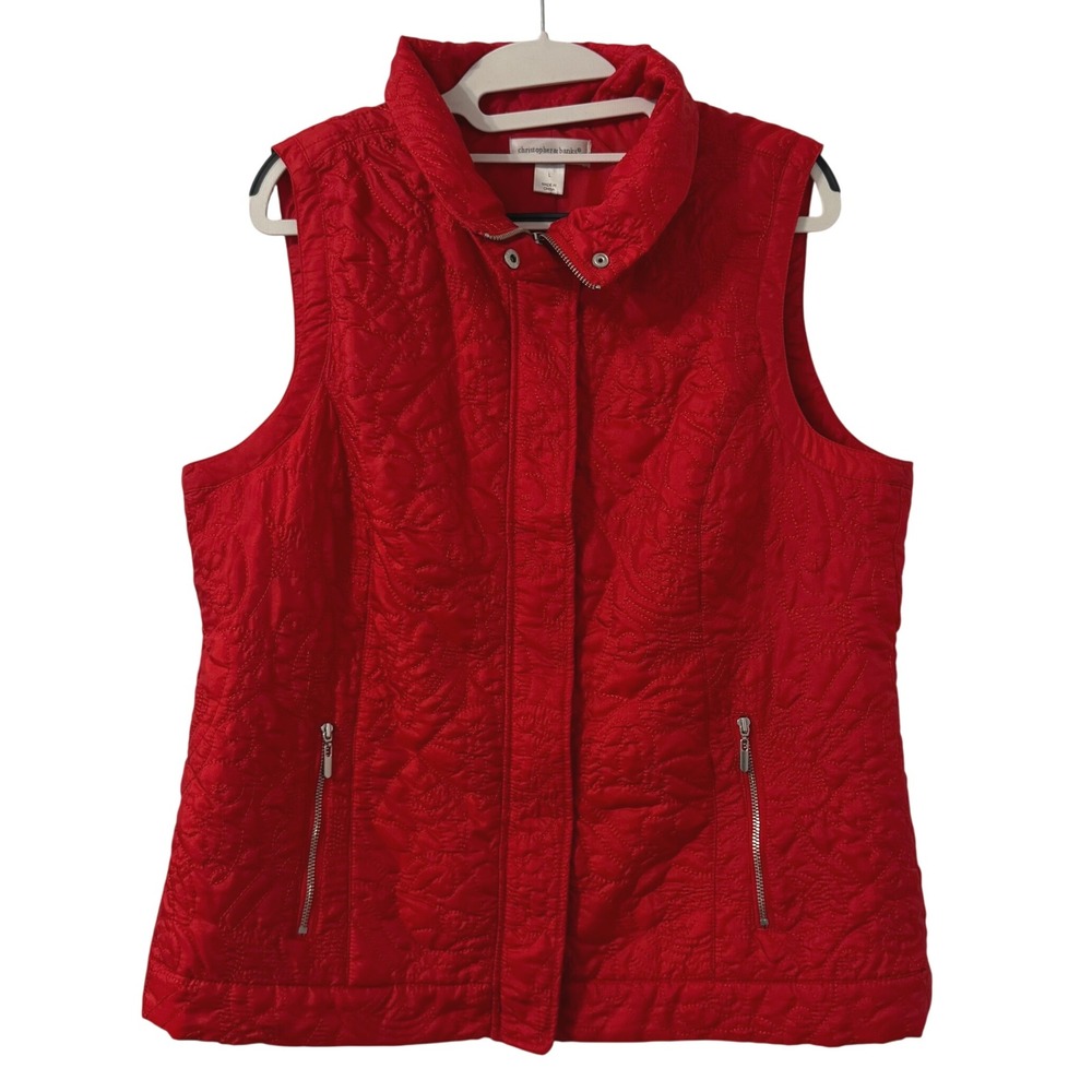 Christoper & Banks Quilted Vest Womens L Red Sleeveless Christmas Holiday‎
